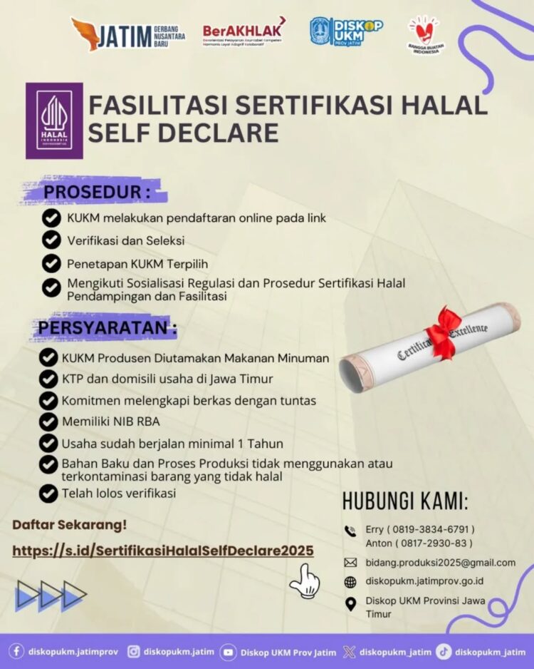 Diskop UKM Provinsi Jawa Timur Buka Sertifikasi Halal Self Declare Lebih Mudah dan Gratis